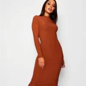 NWT Boohoo Basics Ribbed High Neck Long Sleeved Midi Dress